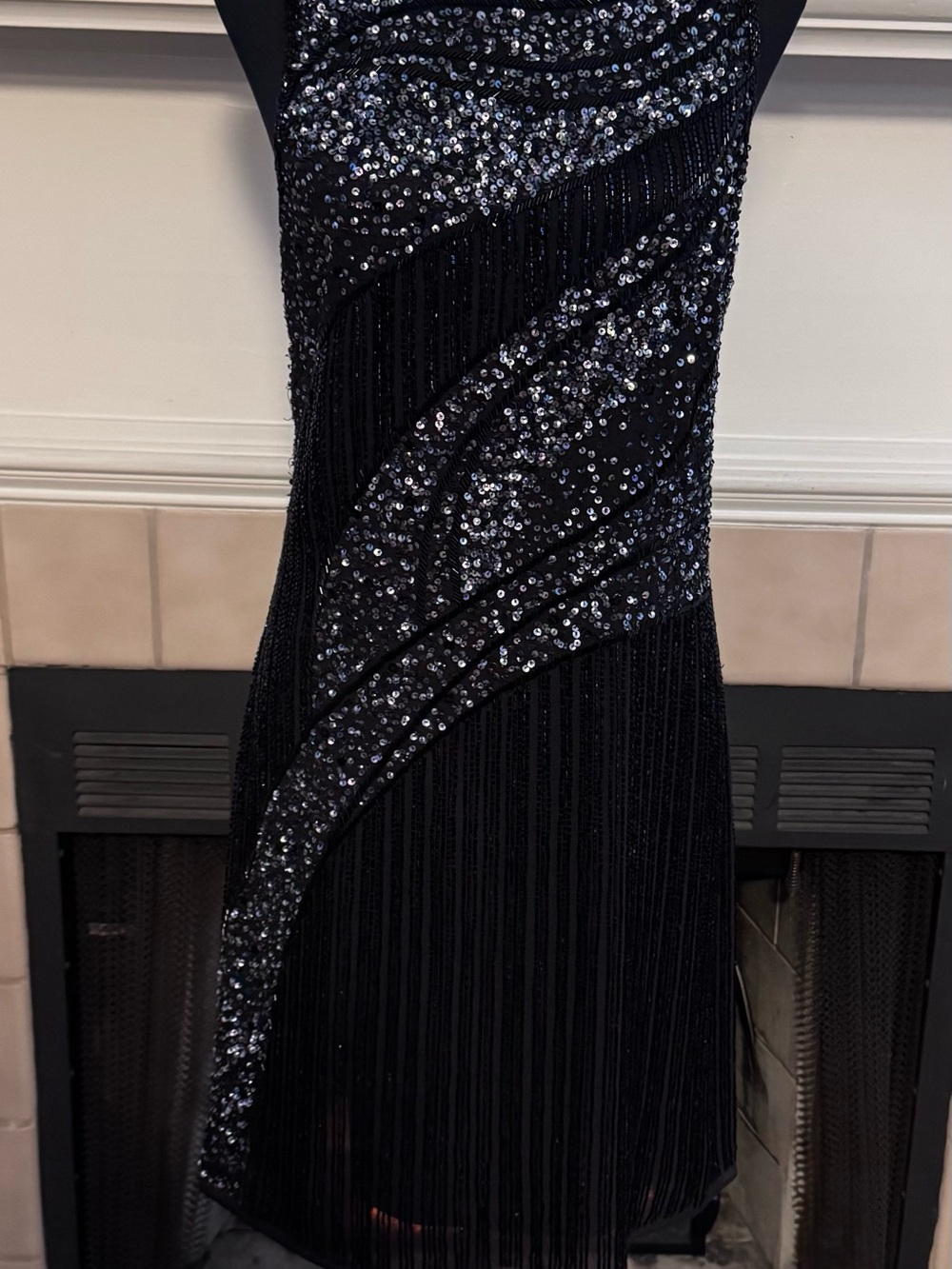 Parker Black Silver and Blue Sequin on Black Midi Party Dress